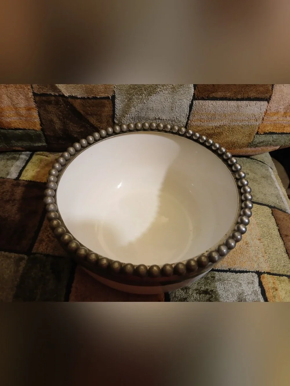White Ceramic Bowl with Antique Beaded Rim